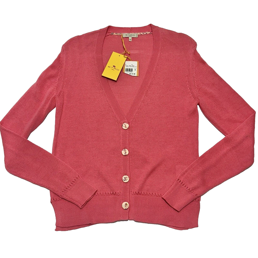 ETRO Milano 44 US 8 Cardigan Sweater Pink Salmon V-Neck Button Front NWT $890